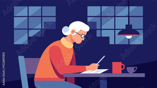 An elderly person working on a crossword puzzle in a quiet corner of their favorite cafe. The familiar atmosphere and soothing background noise helps to clear their mind and tackle. Vector