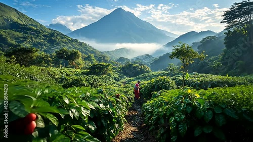 Lush coffee plantation in mountainous region with farmer harvesting ripe cherries under blue sky