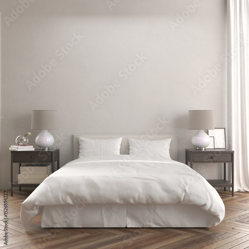 A cozy bedroom with a comfortable bed, stylish nightstands, and lamps