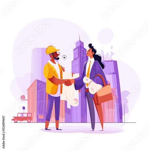 Construction Deal Handshake: An illustration captures a decisive handshake between a builder and a property developer, solidifying a promising business deal against a backdrop of urban architecture.