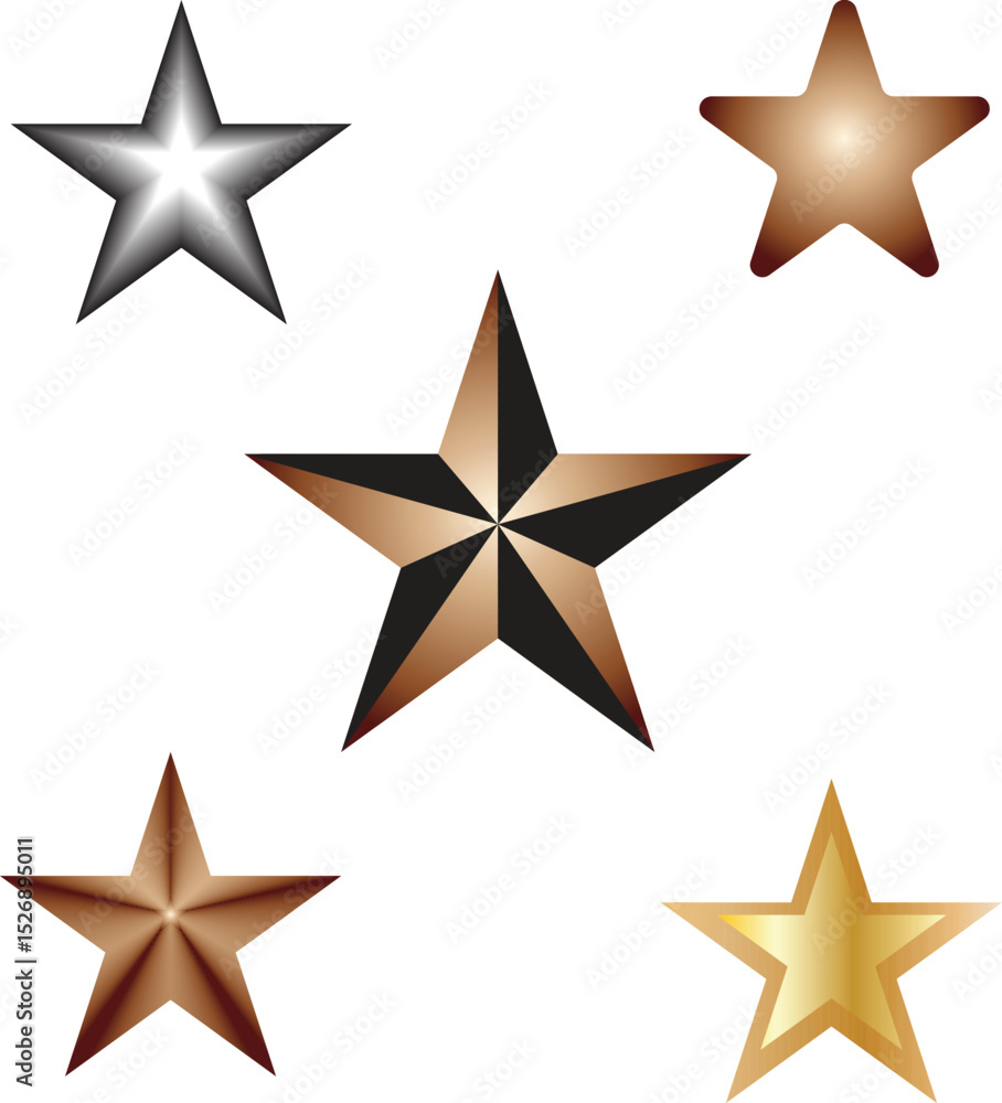 Obraz premium Five Metallic Stars with Varying Colors and Styles