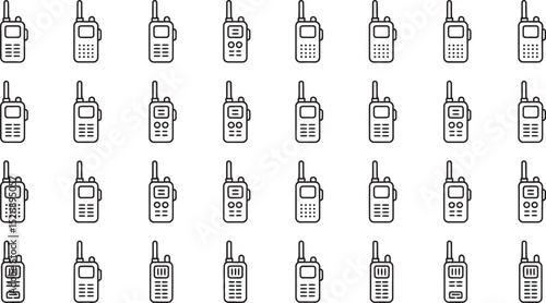 Black and white outlined walkie talkie illustrations in a repeating pattern on white background