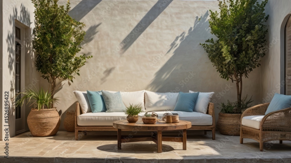 Obraz premium Light-filled courtyard patio with comfortable seating