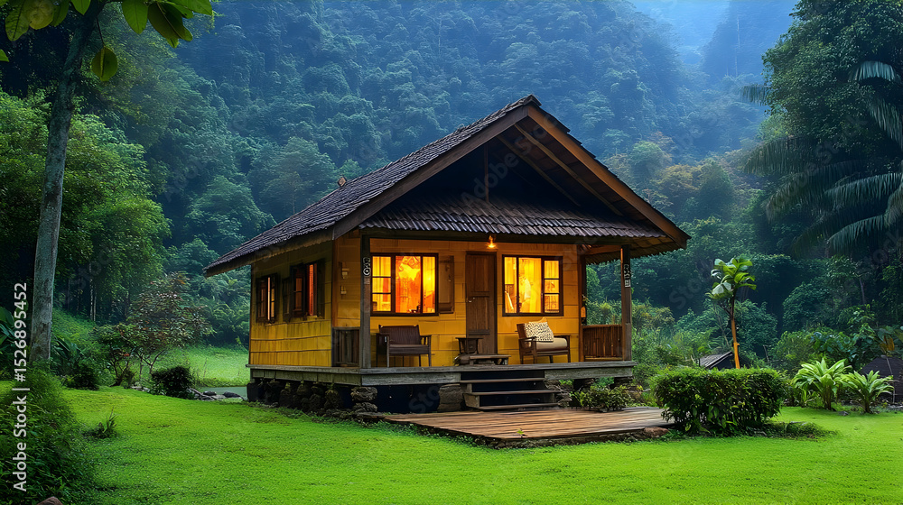 Fototapeta premium Yellow Wooden Cabin in Lush Green Forest at Night