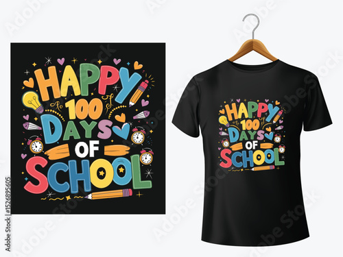 Festive design celebrating the hundredth day of school displayed on a black tshirt