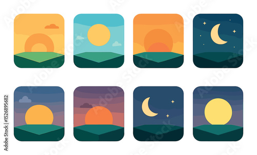 Sunset and sunrise icons set – flat, day and night nature symbols