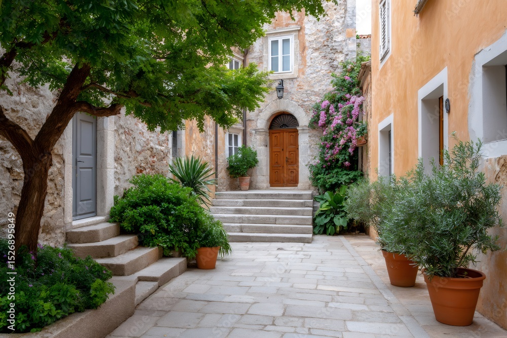Fototapeta premium Charming courtyard with potted plants and blooming bougainvillea in historic european town