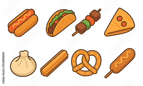Street food icons set – flat, snacks and fast food symbols for menus and apps