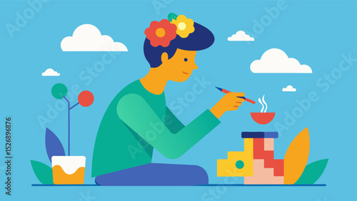 Crafting or art activities A person is shown painting or crafting as these activities can stimulate creativity and promote neuroplasticity.. Vector illustration