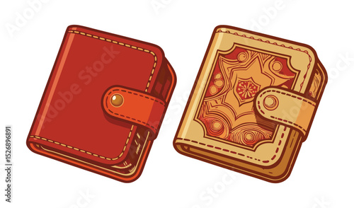 Photo of two richly detailed leather wallets, one red and one adorned with ornate patterns, isolated on white background