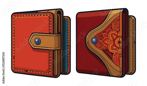 Photo of two richly colored leather wallets, one adorned with an intricate floral design, isolated on white background