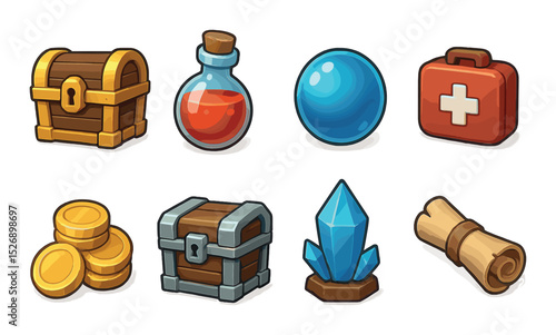 Game treasure icons set – 3d, loot, adventure and rpg gaming symbols