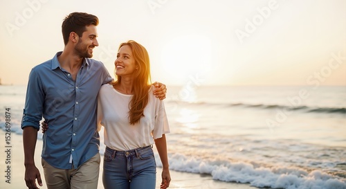 Smiling caucasian man and woman walking on beach at sunset. Happy couple enjoying summer vacation. Love relationship concept, with copy space
