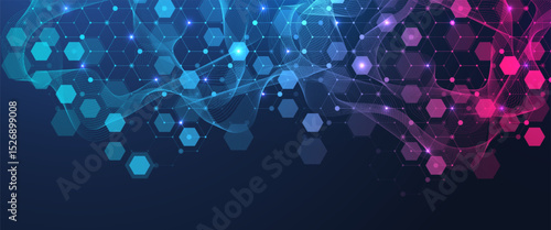 Molecular abstract structure and genetic engineering DNA. Healthcare and medicine background concept. Scientific research background. Wave flow. Innovation pattern. Vector illustration.