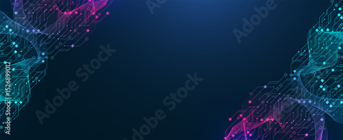 Artificial Intelligence or machine learning vector design. Quantum computer technology concept with circuit board and motherboard texture background design. Waves flow quantum explosion