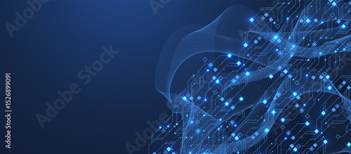 Artificial Intelligence or machine learning vector design. Quantum computer technology concept with circuit board and motherboard texture background design. Waves flow quantum explosion
