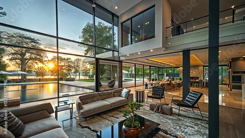 Modern luxury living room with large windows showcasing sunset over serene lake view