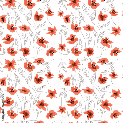 Pattern con fiorellini arancio e steli neri