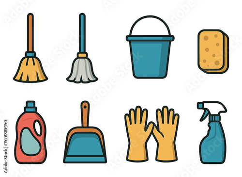Cleaning essentials icons set – outline, household chores and sanitation symbols