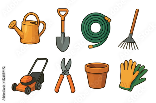 Gardening tools icons set – flat, horticulture and backyard equipment symbols