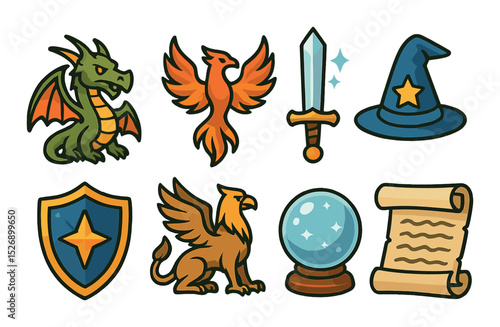 Fantasy-themed icons set – flat, mythical and magical creature symbols