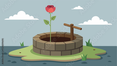 A wilted flower lays on the edge of the well wilted and shriveled like the hopes and dreams of the villagers.. Vector illustration