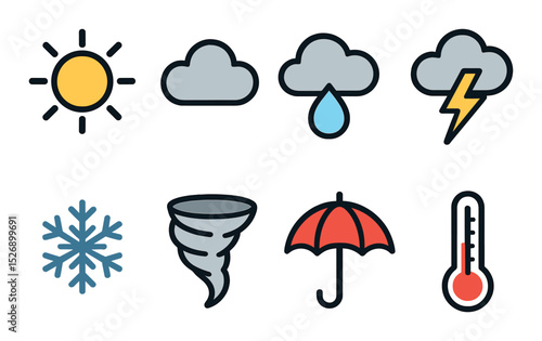 Weather and climate outline icons set – linear, temperature and forecast symbols