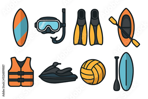 Water sports icons set – flat, aquatic and adventure activity symbols
