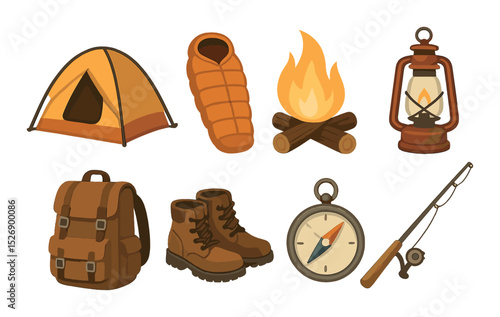 Camping adventure icons set – flat, outdoor, wilderness and nature symbols