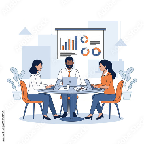 Business Meeting Illustration with Teamwork and Data Presentation