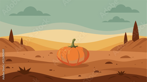 A solitary pumpkin engulfed by a barren expanse serves as a powerful emblem of the unrelenting quest for food sources.. Vector illustration