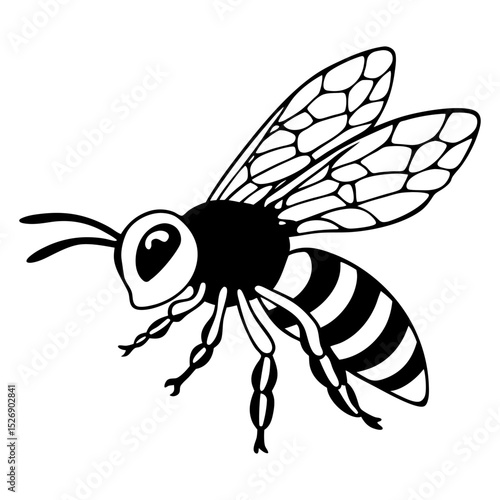 Closeup macro vector illustration of a yellow and black honey bee with wings flying near a flower in nature