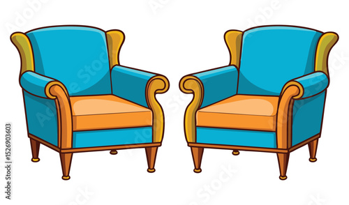 Photo of two teal and orange armchairs with ornate gold accents, isolated on white background