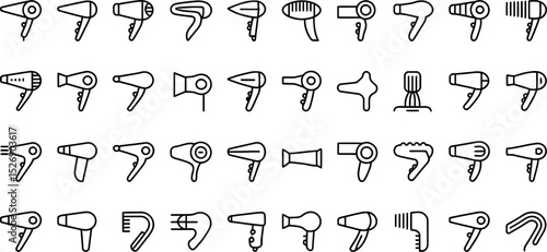 Collection of minimalist hair dryer icons representing different styles and designs