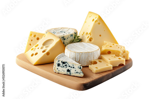 Cheese Platter with Variety of Cheeses on Wooden Tray Isolated on White Background