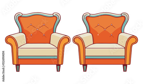 Photo of two orange and cream tufted armchairs, isolated on white background