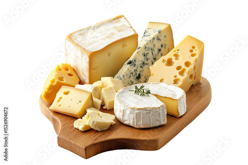 A set of different cheeses on a wooden tray isolated on a white background