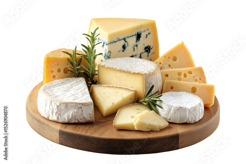 A set of different cheeses on a wooden tray isolated on a white background