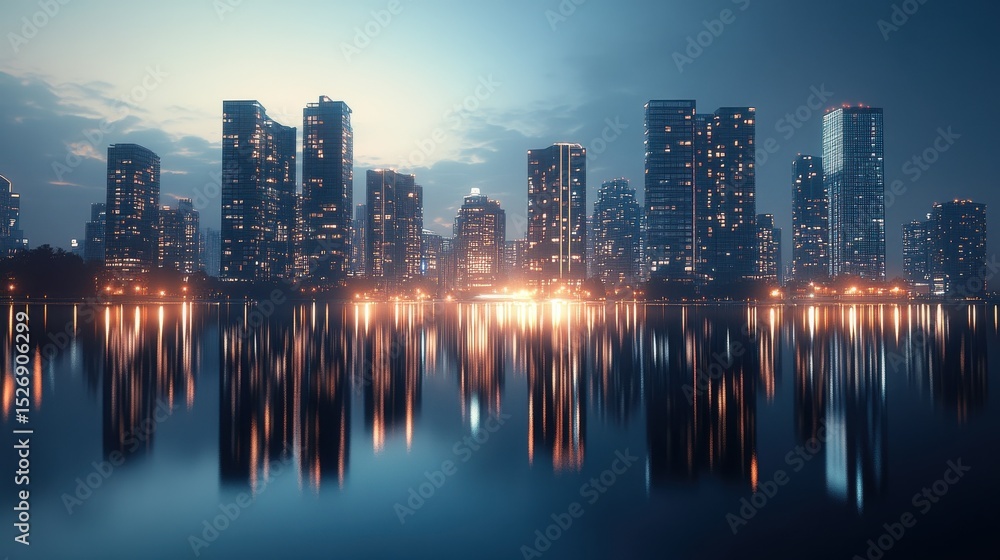 Obraz premium Modern cityscape at twilight, featuring sleek apartments and serene water reflections, ideal for urban lifestyle themes.