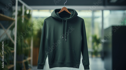  hoodie on a hanger on a dark background.