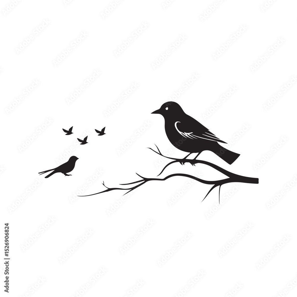 Obraz premium Black raven bird silhouette on a winter tree branch, a vector illustration of wild nature and flying wildlife