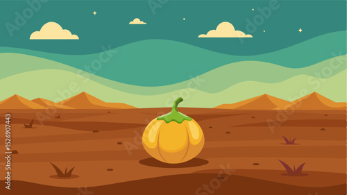 A lone squash in a barren field personifying the tireless pursuit of sustenance in a harsh environment.. Vector illustration