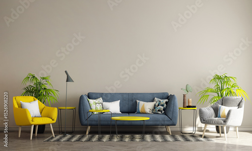 A cozy living room featuring a blue couch alongside yellow chairs