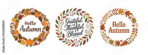 Autumn Wreath Clipart | Hello Fall Quote Vector | Thanksgiving Floral Leaves PNG EPS Design .