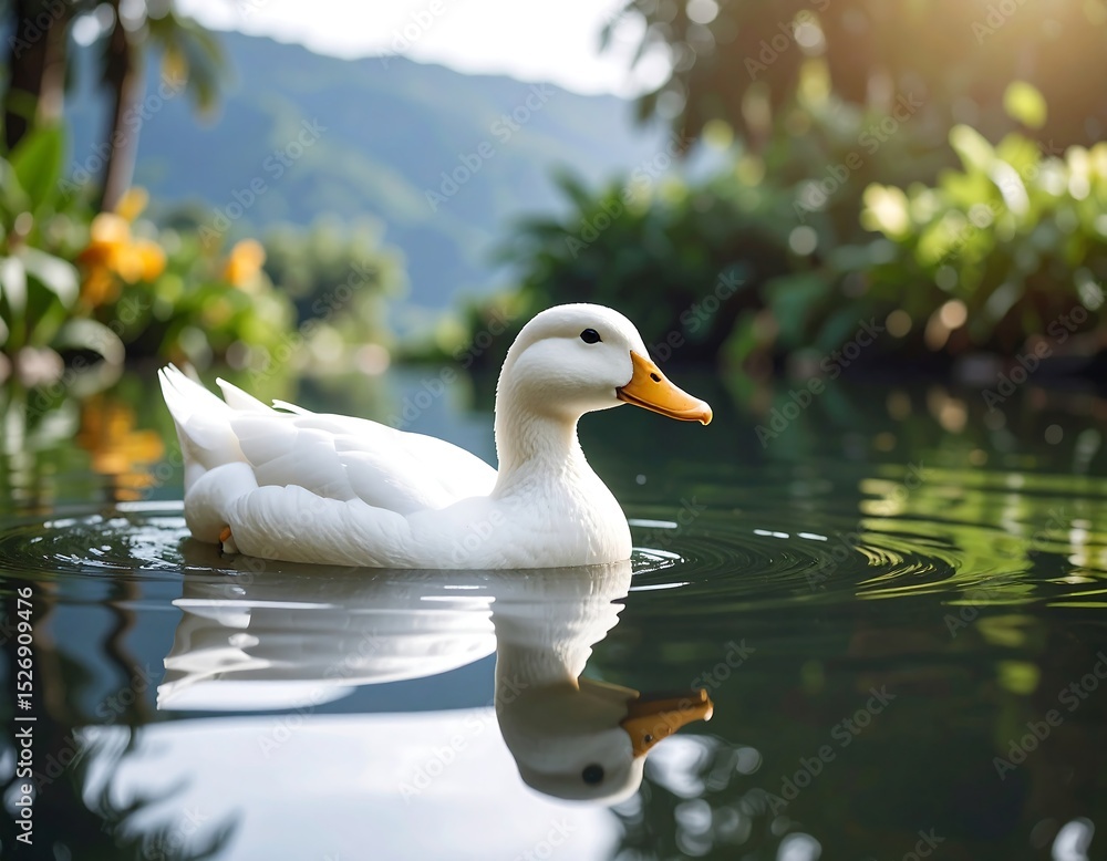 Obraz premium White duck on tranquil pond