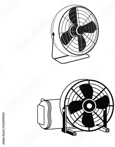 Vector illustration of two electric fans in different styles for cooling and airflow