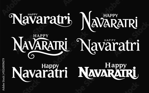 Happy Navaratri Typography Vector Bundle – Black Silhouette Festive Text Designs for Hindu Festival Decoration .

