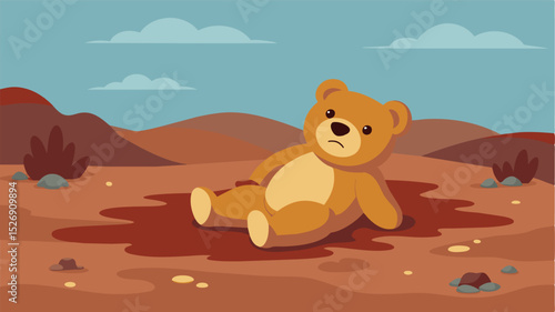 A childs teddy bear lies abandoned in the dirt a stark contrast to the vibrant energy and laughter that once filled this village.. Vector illustration