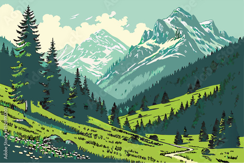 Scenic illustration of mountains valley with lush green forests and serene blue sky