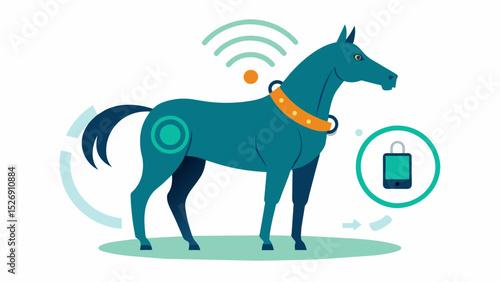 An IoTenabled smart collar for horses that tracks their movements and alerts owners or caretakers if there are any changes in behavior or activity levels.. Vector illustration